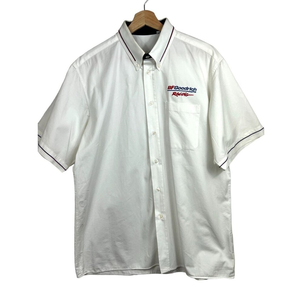 AXQ Mens White BF Goodrich Tires Racing Button Down Shirt Size XL Short Sleeve